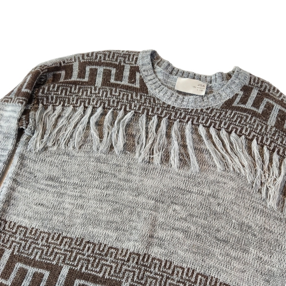 Anthropologie J.O.A. Women M Crewneck Sweater Fringe Boho Aztec Cozy Lightweight